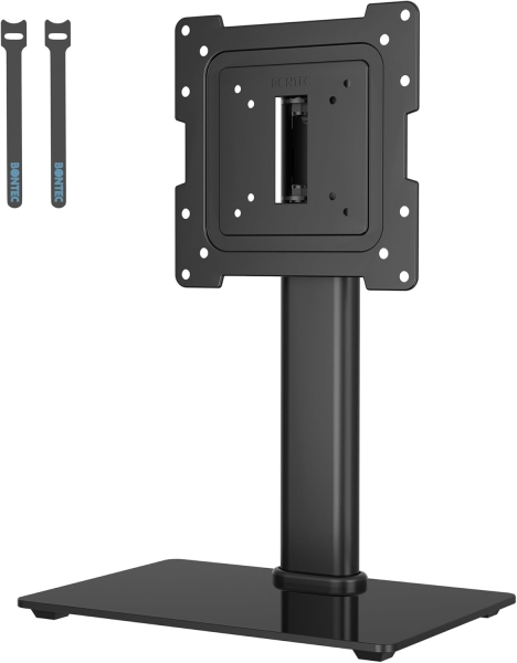 BONTEC Pied TV & Moniteur pour 17–43 Pouces (Orientable & Réglable en Hauteur) (Support de table robuste avec base en verre pour appareils jusqu