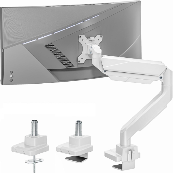 Bras de moniteur ARES WING Blanc 17–49" | jusqu’à 18 kg (Support Ergonomique à Ressort à Gaz pour Écrans Ultrawide & Incurvés – VESA 75/100.)