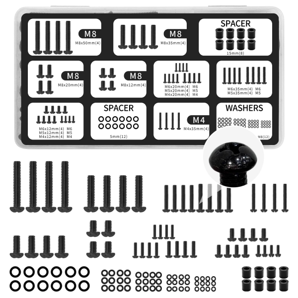 Kit de Vis TV Universel (120 Pièces) pour Supports Muraux & Pieds (Assortiment de vis VESA M4, M5, M6, M8 incluant entretoises & rondelles pour TV jusqu
