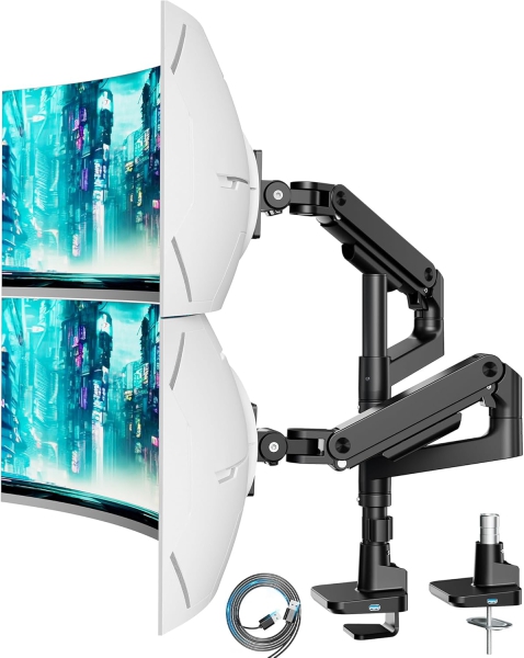 Support d'écran ARES WING pour 2 écrans superposés de 17 à 49 pouces, plats ou incurvés, support double avec vérin à gaz et port USB A/C, réglable en hauteur, poids 2-20 kg/bras, VESA 75 et 100