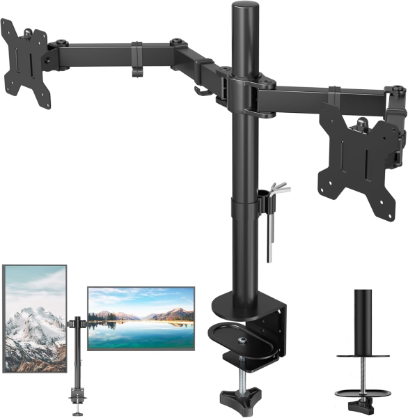 Support pour moniteur BONTEC 2 moniteurs pour écrans plats et incurvés de 13 à 27 pouces, support de table pour moniteur réglable en hauteur, inclinable, pivotant, rotatif, 10 kg par bras, VESA 75x75 / 100x100, noir