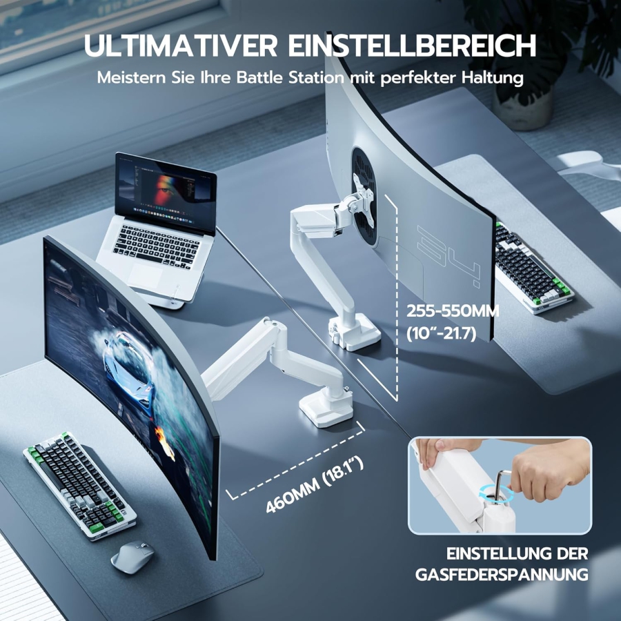 ARES WING Bras de Moniteur Gaming Ultra-Résistant Blanc pour 17-49 Pouces (Max. 18 kg) (Support Ergonomique à Ressort à Gaz pour Écrans Ultrawide & Incurvés – VESA 75/100.)