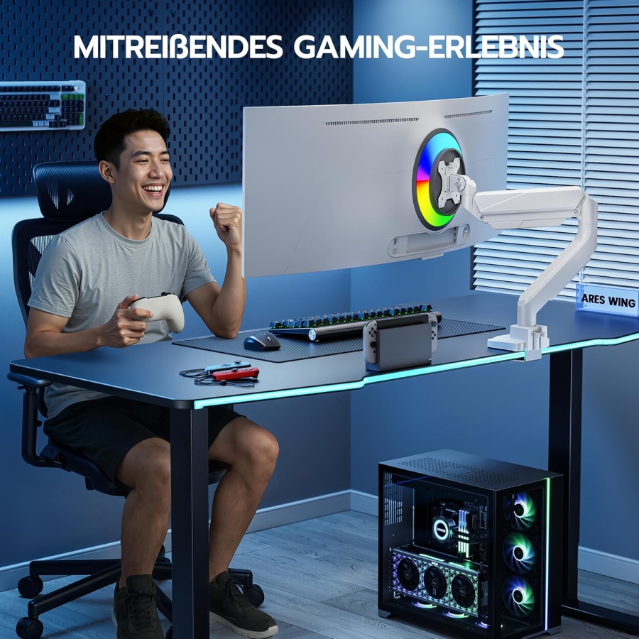 ARES WING Bras de Moniteur Gaming Ultra-Résistant Blanc pour 17-49 Pouces (Max. 18 kg) (Support Ergonomique à Ressort à Gaz pour Écrans Ultrawide & Incurvés – VESA 75/100.)