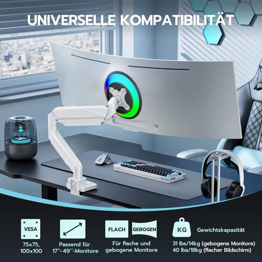 ARES WING Bras de Moniteur Gaming Ultra-Résistant Blanc pour 17-49 Pouces (Max. 18 kg) (Support Ergonomique à Ressort à Gaz pour Écrans Ultrawide & Incurvés – VESA 75/100.)