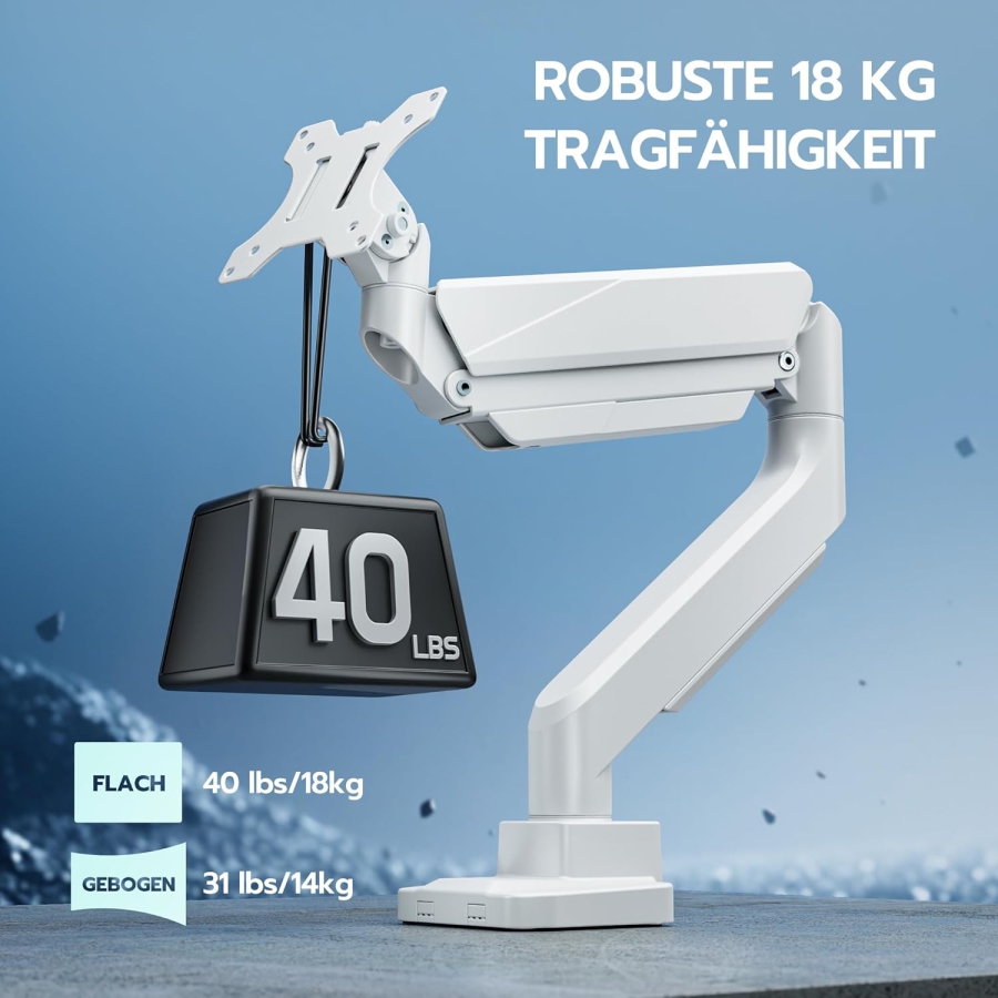 ARES WING Bras de Moniteur Gaming Ultra-Résistant Blanc pour 17-49 Pouces (Max. 18 kg) (Support Ergonomique à Ressort à Gaz pour Écrans Ultrawide & Incurvés – VESA 75/100.)