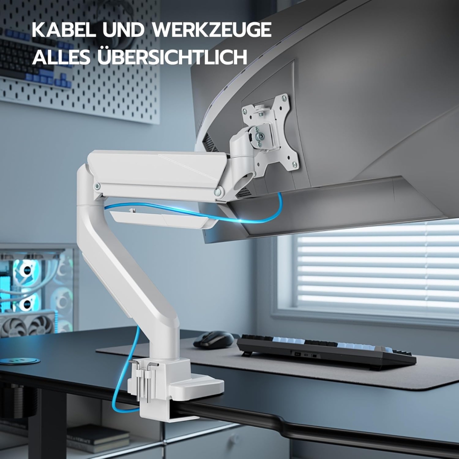 ARES WING Bras de Moniteur Gaming Ultra-Résistant Blanc pour 17-49 Pouces (Max. 18 kg) (Support Ergonomique à Ressort à Gaz pour Écrans Ultrawide & Incurvés – VESA 75/100.)