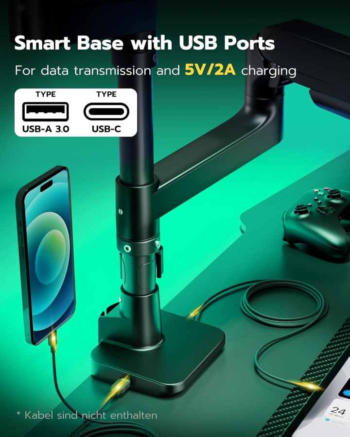 ARES WING Support Double Écran 2 Moniteurs pour 17-49 Pouces (Max. 20 kg/Bras) – Superposés & Côte à Côte, Ports USB A/C, Ressort à Gaz – VESA 75/100 (Bras double écran Heavy Duty : Capacité de charge de 20 kg par bras, hub USB intégré & montage par le haut.)