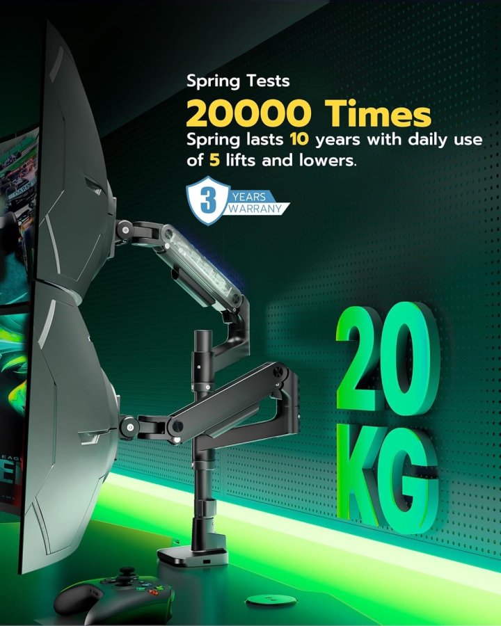 ARES WING Support Double Écran 2 Moniteurs pour 17-49 Pouces (Max. 20 kg/Bras) – Superposés & Côte à Côte, Ports USB A/C, Ressort à Gaz – VESA 75/100 (Bras double écran Heavy Duty : Capacité de charge de 20 kg par bras, hub USB intégré & montage par le haut.)