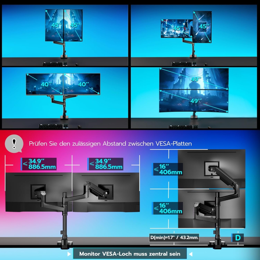 ARES WING Support Double Écran pour 17–49 Pouces (Vertical & Horizontal) (Système à ressort à gaz Heavy Duty pour deux écrans jusqu