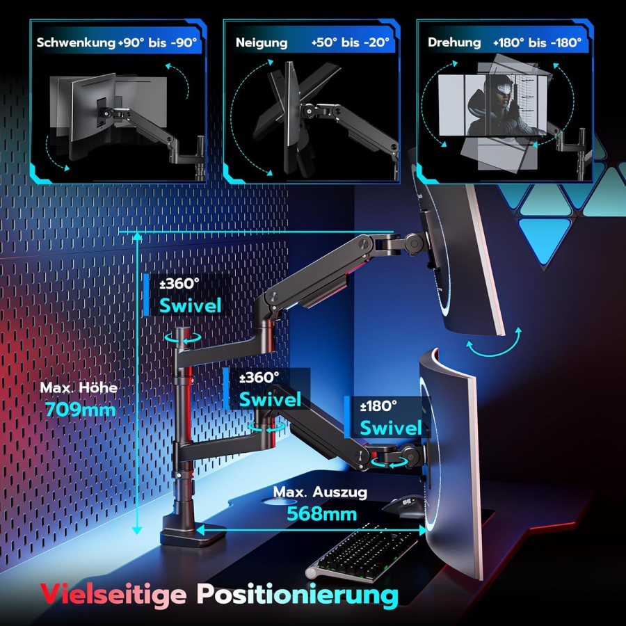 ARES WING Support Double Écran pour 17–49 Pouces (Vertical & Horizontal) (Système à ressort à gaz Heavy Duty pour deux écrans jusqu