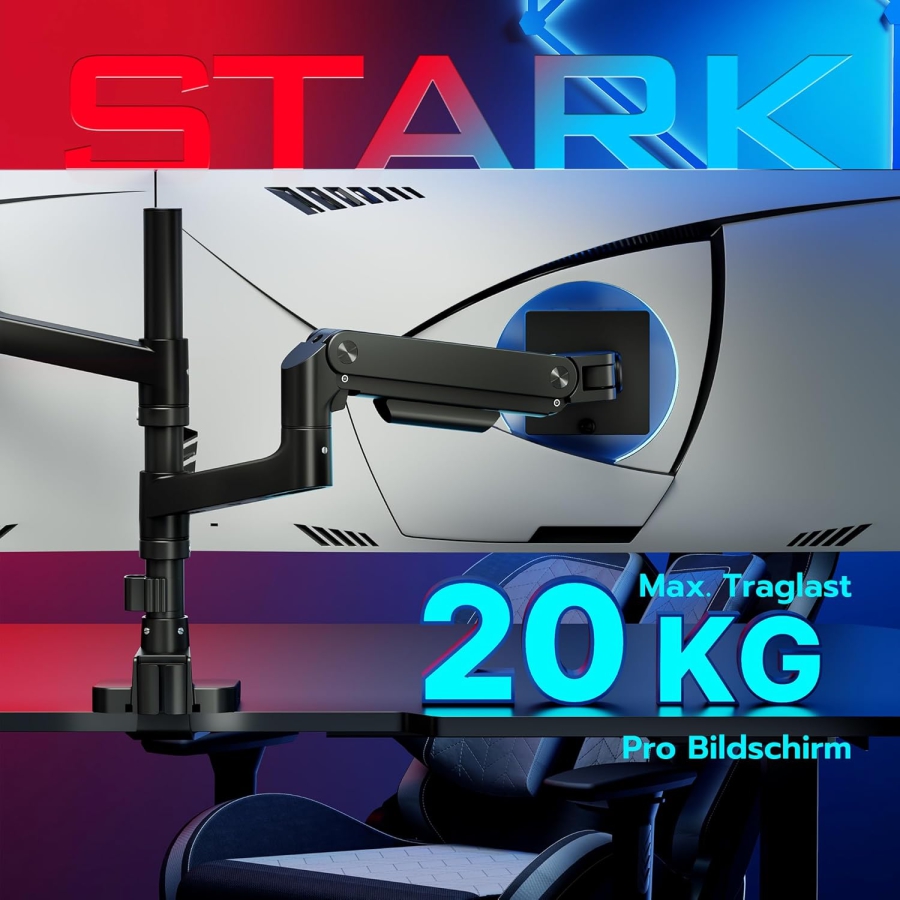 ARES WING Support Double Écran pour 17–49 Pouces (Vertical & Horizontal) (Système à ressort à gaz Heavy Duty pour deux écrans jusqu