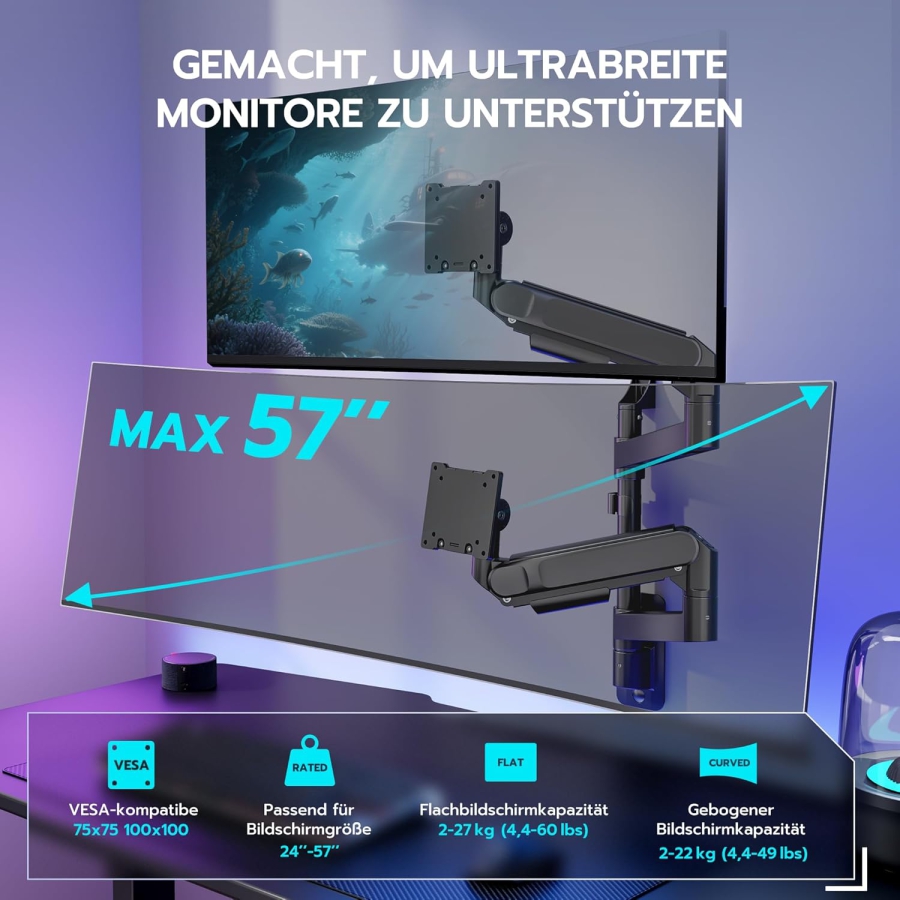 ARES WING Support Mural Double Écran 24-57" – Ressort à Gaz, 27kg par Bras, VESA 75/100 (Support mural premium pour deux écrans Ultrawide & incurvés : Stabilité maximale pour ton setup haut de gamme.)