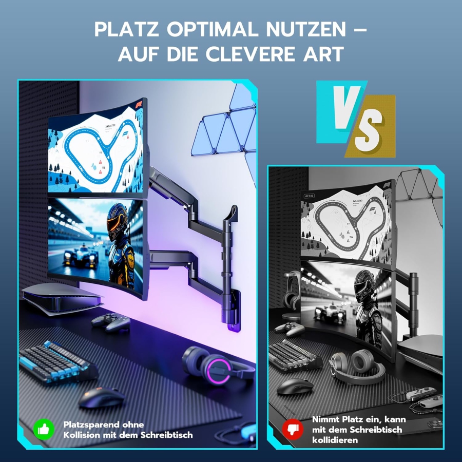 ARES WING Support Mural Double Écran 24-57" – Ressort à Gaz, 27kg par Bras, VESA 75/100 (Support mural premium pour deux écrans Ultrawide & incurvés : Stabilité maximale pour ton setup haut de gamme.)