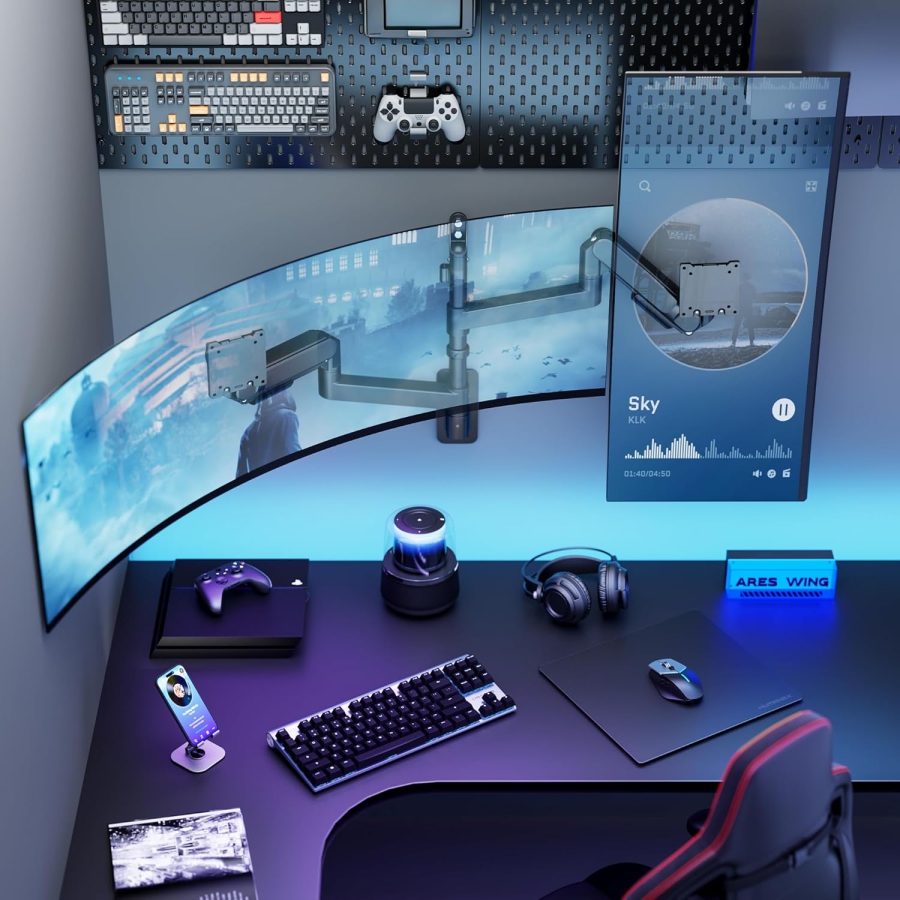 ARES WING Support Mural Double Écran 24-57" – Ressort à Gaz, 27kg par Bras, VESA 75/100 (Support mural premium pour deux écrans Ultrawide & incurvés : Stabilité maximale pour ton setup haut de gamme.)