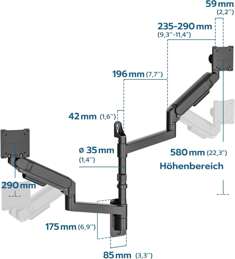 ARES WING Support Mural Double Écran 24-57" – Ressort à Gaz, 27kg par Bras, VESA 75/100 (Support mural premium pour deux écrans Ultrawide & incurvés : Stabilité maximale pour ton setup haut de gamme.)