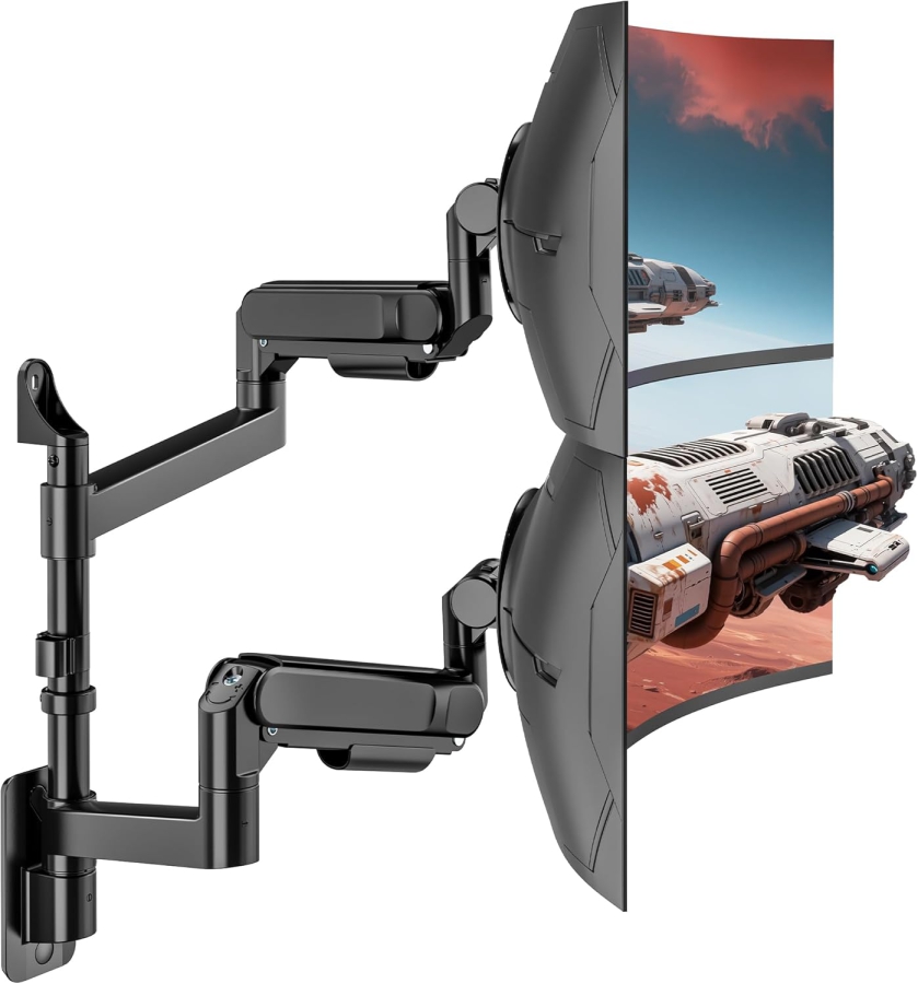 ARES WING Support Mural Double Écran 24-57" – Ressort à Gaz, 27kg par Bras, VESA 75/100 (Support mural premium pour deux écrans Ultrawide & incurvés : Stabilité maximale pour ton setup haut de gamme.)