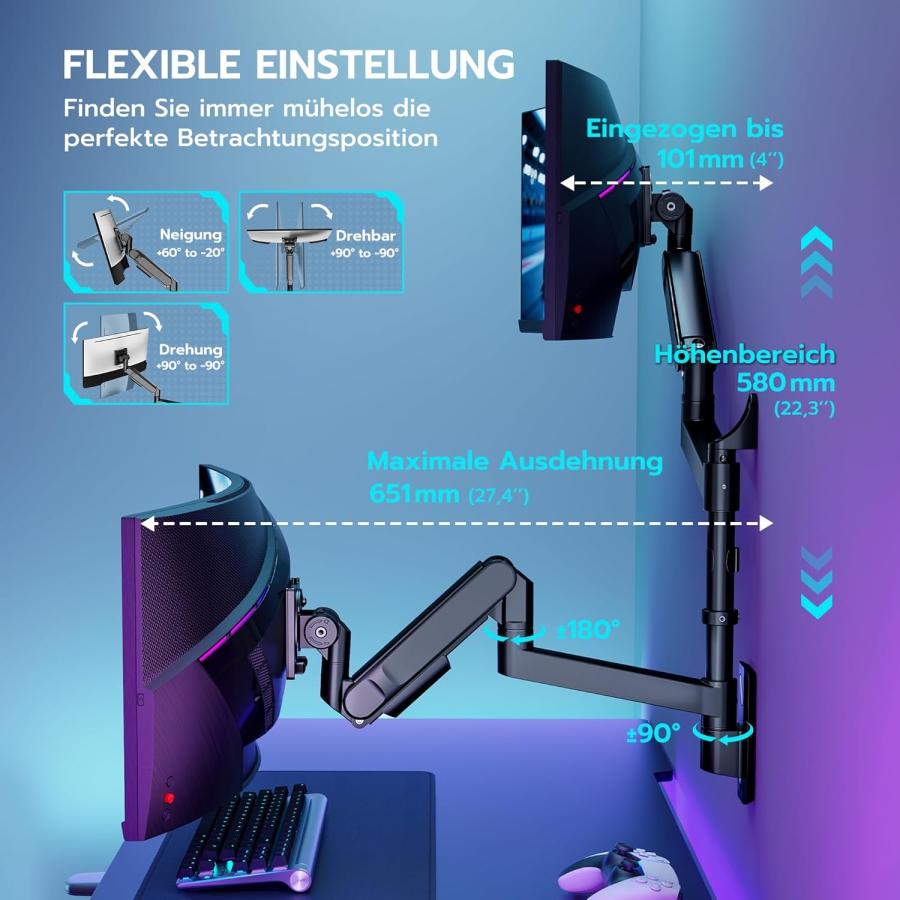ARES WING Support Mural Double Écran 24-57" – Ressort à Gaz, 27kg par Bras, VESA 75/100 (Support mural premium pour deux écrans Ultrawide & incurvés : Stabilité maximale pour ton setup haut de gamme.)