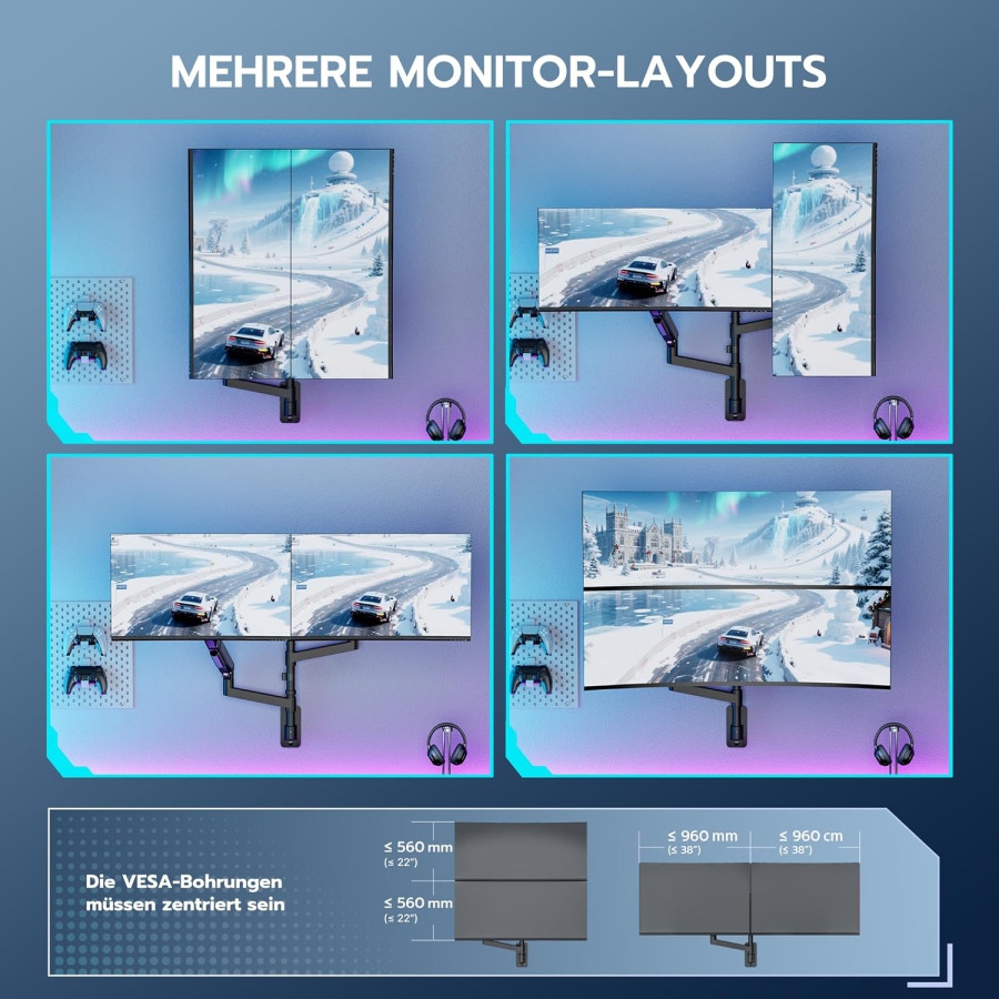ARES WING Support Mural Double Écran 24-57" – Ressort à Gaz, 27kg par Bras, VESA 75/100 (Support mural premium pour deux écrans Ultrawide & incurvés : Stabilité maximale pour ton setup haut de gamme.)