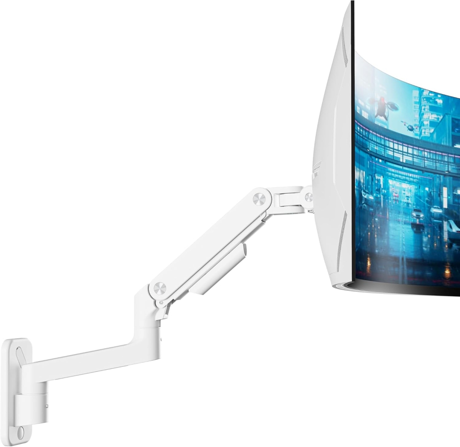ARES WING Support Mural Moniteur Heavy Duty (Blanc) pour 17–49 Pouces (Parfait pour les Moniteurs Ultrawide & Incurvés. Bras à Ressort à Gaz avec Capacité de Charge de 20 kg)
