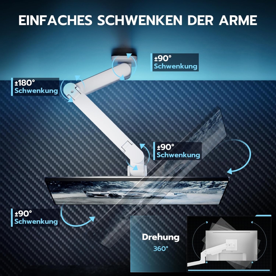 ARES WING Support Mural Moniteur Heavy Duty (Blanc) pour 17–49 Pouces (Parfait pour les Moniteurs Ultrawide & Incurvés. Bras à Ressort à Gaz avec Capacité de Charge de 20 kg)