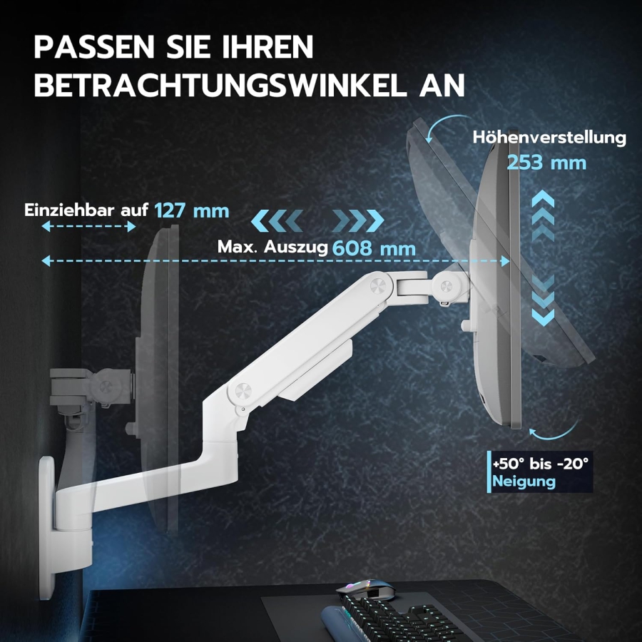 ARES WING Support Mural Moniteur Heavy Duty (Blanc) pour 17–49 Pouces (Parfait pour les Moniteurs Ultrawide & Incurvés. Bras à Ressort à Gaz avec Capacité de Charge de 20 kg)