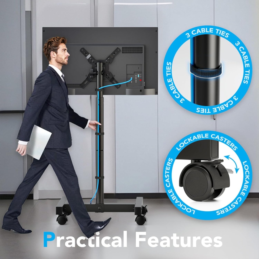 AX WABER Support TV Mobile pour Écrans 13–50 Pouces (Réglable en Hauteur) (Chariot TV flexible avec réglage en hauteur sur 8 niveaux et inclinaison pour LCD/LED/OLED.)