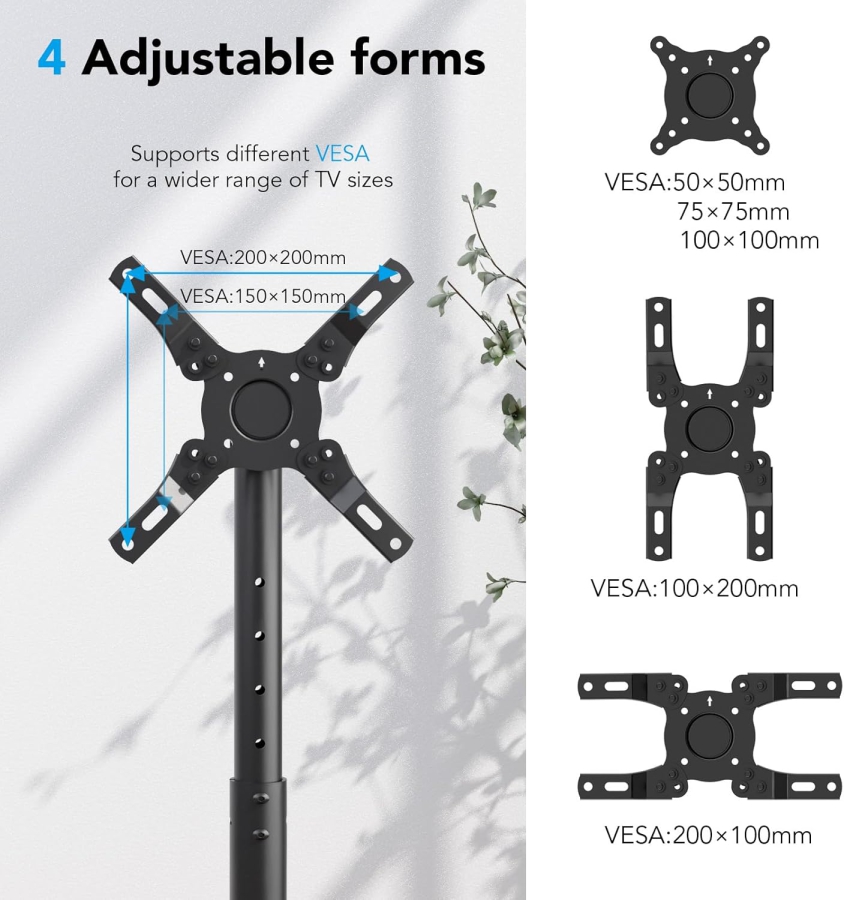 AX WABER Support TV Mobile pour Écrans 13–50 Pouces (Réglable en Hauteur) (Chariot TV flexible avec réglage en hauteur sur 8 niveaux et inclinaison pour LCD/LED/OLED.)