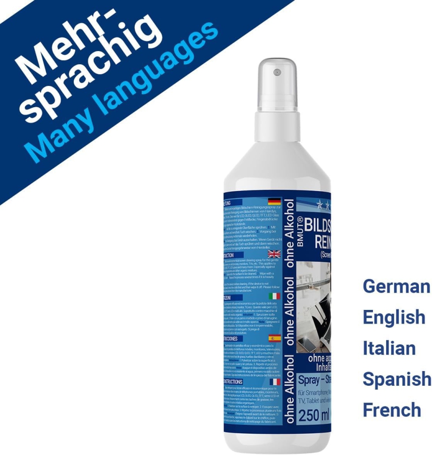 BMUT Kit de Nettoyage Écran Premium (250ml) avec Chiffon Microfibre XXL & Pinceau (Made in Germany : Nettoyage sans traces pour LCD, OLED, TV & Smartphones – Sans alcool contre les traces de doigts.)