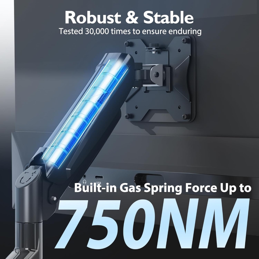 BONTEC Support Écran PC 1 Écran 13-32 Pouces (3-9 kg) – Bras à Ressort à Gaz, Réglable en Hauteur & Entièrement Articulé – VESA 75/100 (Bras d
