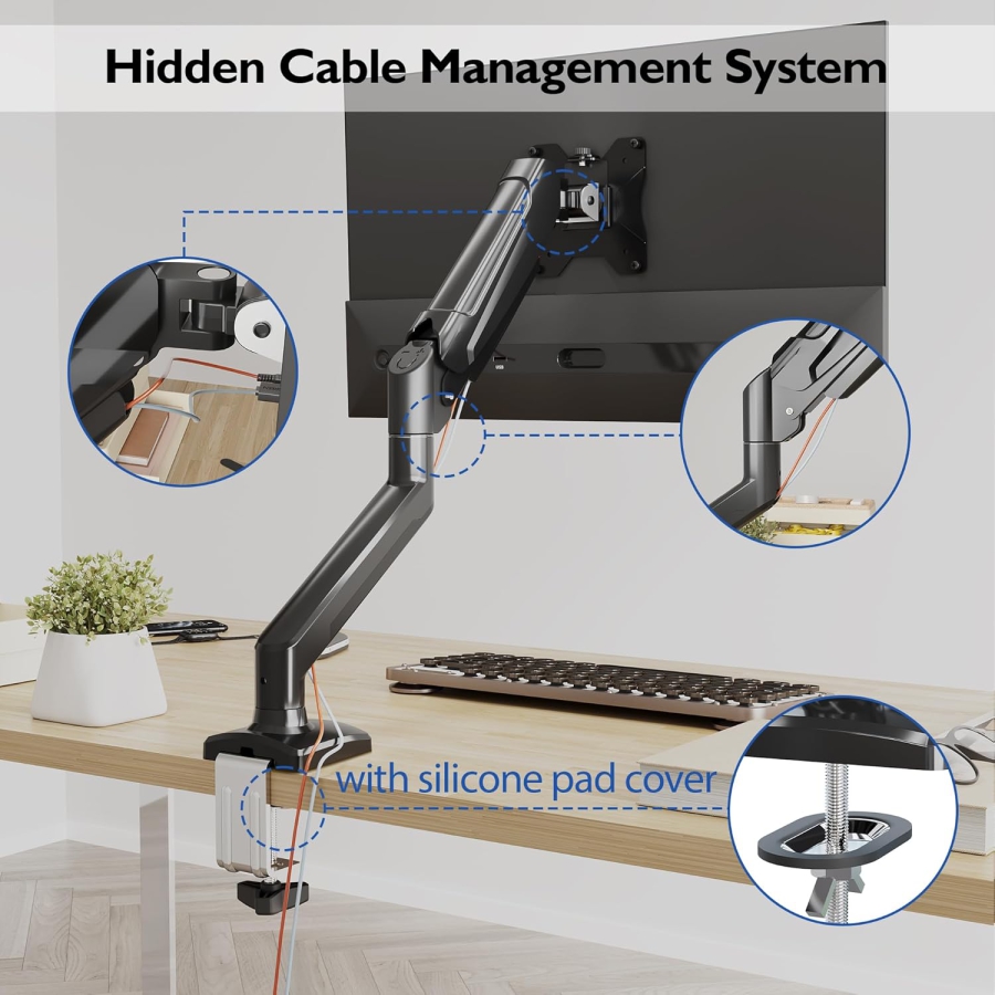 BONTEC Support Écran PC 1 Écran 13-32 Pouces (3-9 kg) – Bras à Ressort à Gaz, Réglable en Hauteur & Entièrement Articulé – VESA 75/100 (Bras d