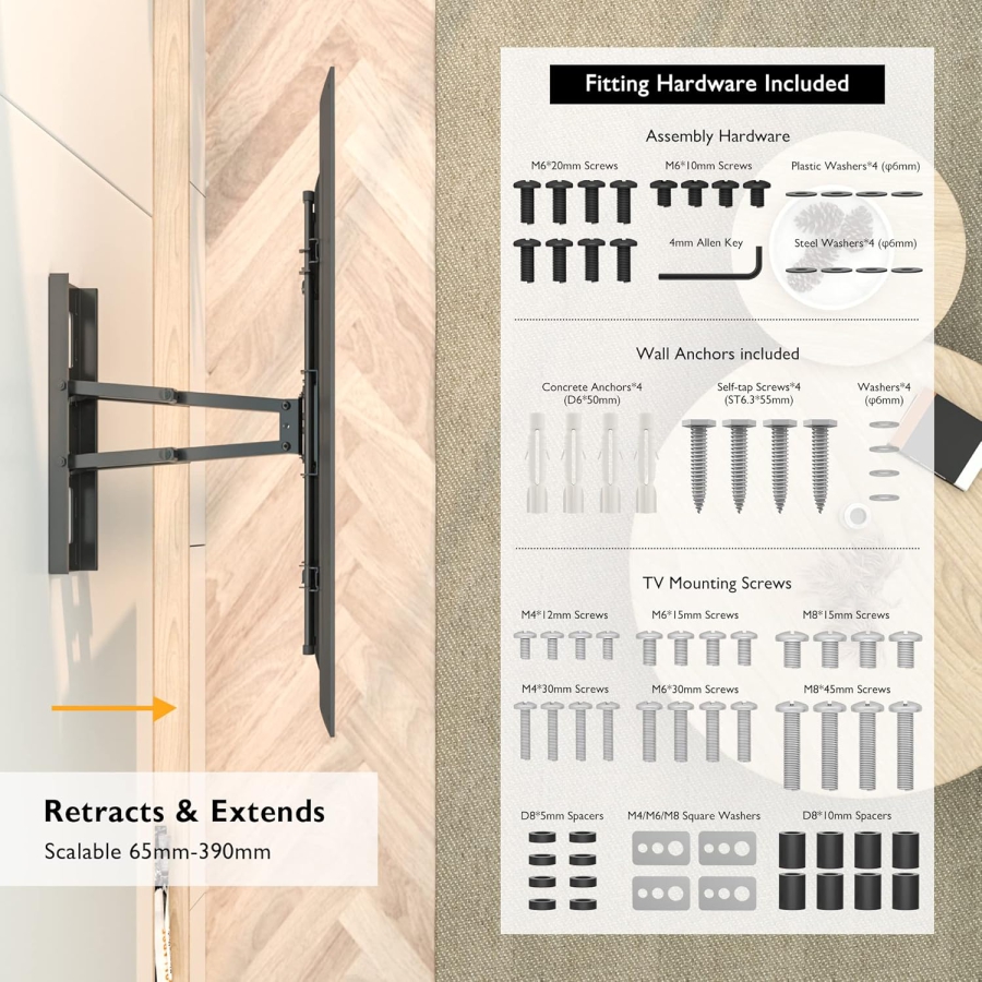 BONTEC Support Mural TV Pivotant & Inclinable pour 32-85 Pouces (Max. 60 kg) (Support robuste à double bras pour TV plats & incurvés – VESA 600x400, Extensible jusqu