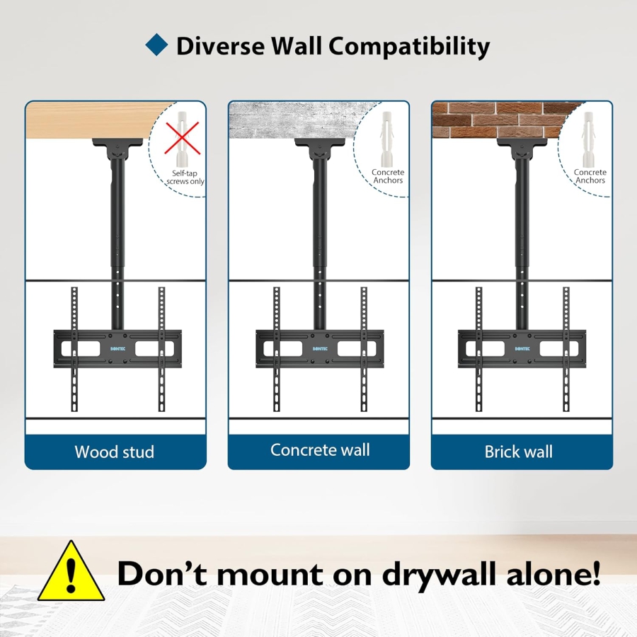 BONTEC Support TV de Plafond pour 26–65 Pouces (Inclinable, Pivotant & pour Plafonds en Pente) (Montage au plafond réglable en hauteur jusqu