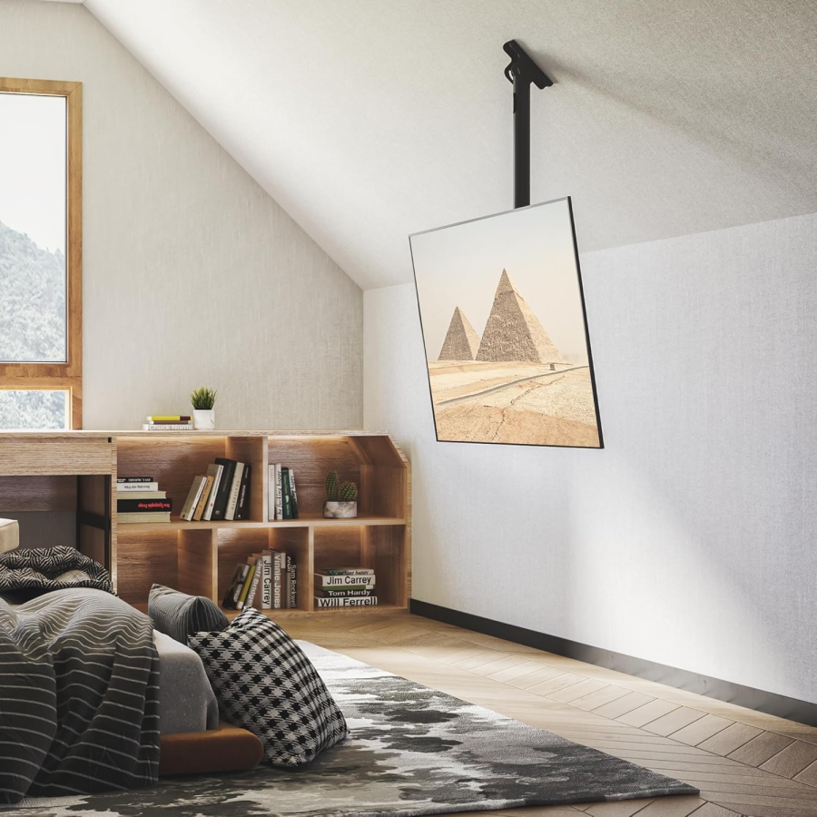 BONTEC Support TV de Plafond pour 26–65 Pouces (Inclinable, Pivotant & pour Plafonds en Pente) (Montage au plafond réglable en hauteur jusqu