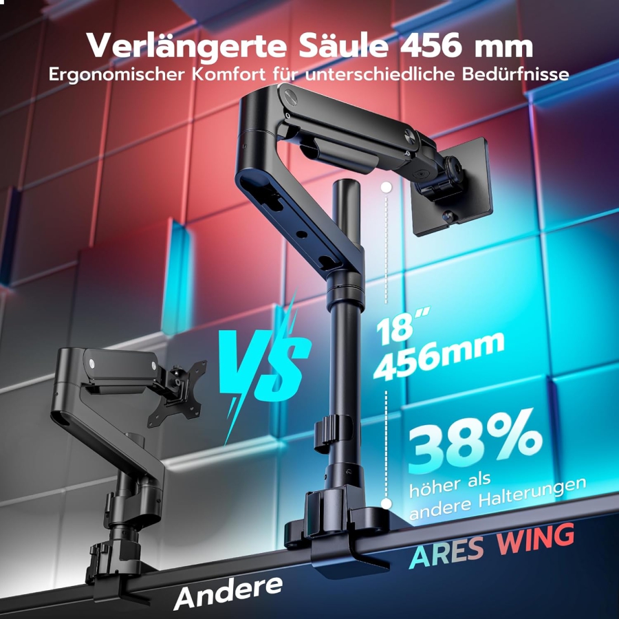 Bras de moniteur ARES WING avec colonne 17–49" | jusqu’à 20 kg (Colonne extra haute & charge de 20 kg pour écrans Ultrawide & incurvés.)