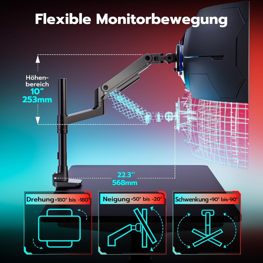 Bras de moniteur ARES WING avec colonne 17–49" | jusqu’à 20 kg (Colonne extra haute & charge de 20 kg pour écrans Ultrawide & incurvés.)