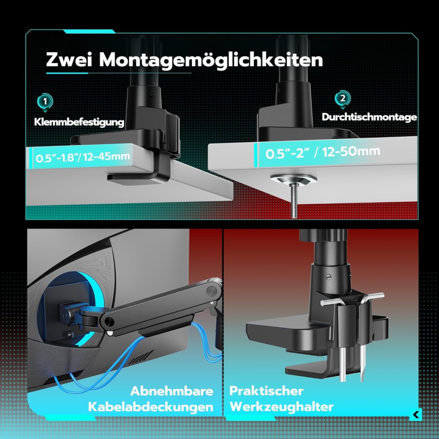 Bras de moniteur ARES WING avec colonne 17–49" | jusqu’à 20 kg (Colonne extra haute & charge de 20 kg pour écrans Ultrawide & incurvés.)