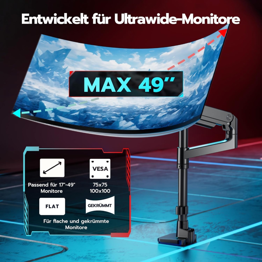 Bras de moniteur ARES WING avec colonne 17–49" | jusqu’à 20 kg (Colonne extra haute & charge de 20 kg pour écrans Ultrawide & incurvés.)