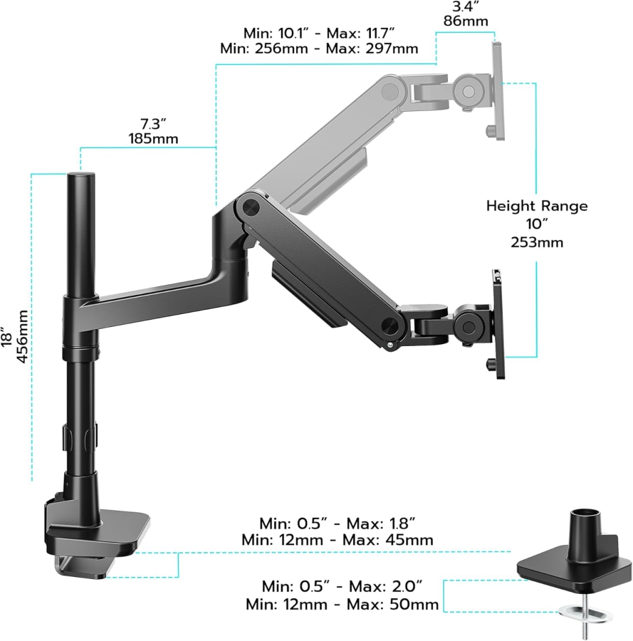Bras de moniteur ARES WING avec colonne 17–49" | jusqu’à 20 kg (Colonne extra haute & charge de 20 kg pour écrans Ultrawide & incurvés.)