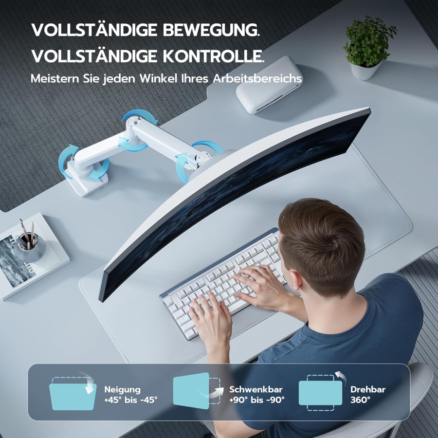 Bras de moniteur ARES WING Blanc 17–49" | jusqu’à 18 kg (Support Ergonomique à Ressort à Gaz pour Écrans Ultrawide & Incurvés – VESA 75/100.)