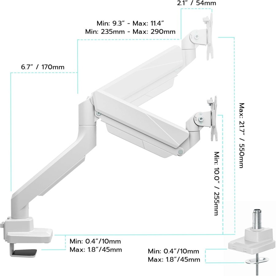 Bras de moniteur ARES WING Blanc 17–49" | jusqu’à 18 kg (Support Ergonomique à Ressort à Gaz pour Écrans Ultrawide & Incurvés – VESA 75/100.)
