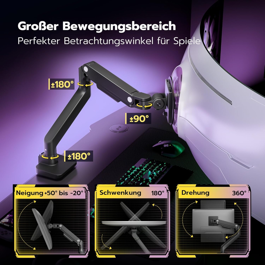 Bras de moniteur ARES WING Noir 17–49" | jusqu’à 20 kg (Portée & ergonomie maximales : ta monitorhalterung premium pour le gaming et la concentration.)