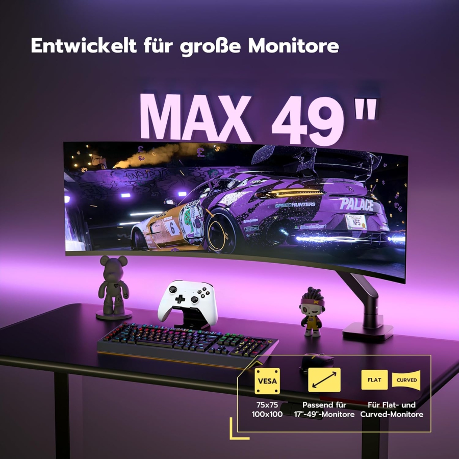 Bras de moniteur ARES WING Noir 17–49" | jusqu’à 20 kg (Portée & ergonomie maximales : ta monitorhalterung premium pour le gaming et la concentration.)