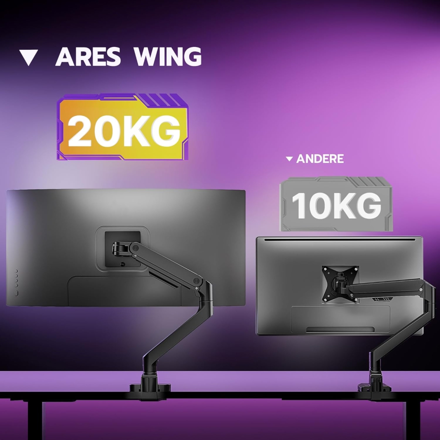 Bras de moniteur ARES WING Noir 17–49" | jusqu’à 20 kg (Portée & ergonomie maximales : ta monitorhalterung premium pour le gaming et la concentration.)