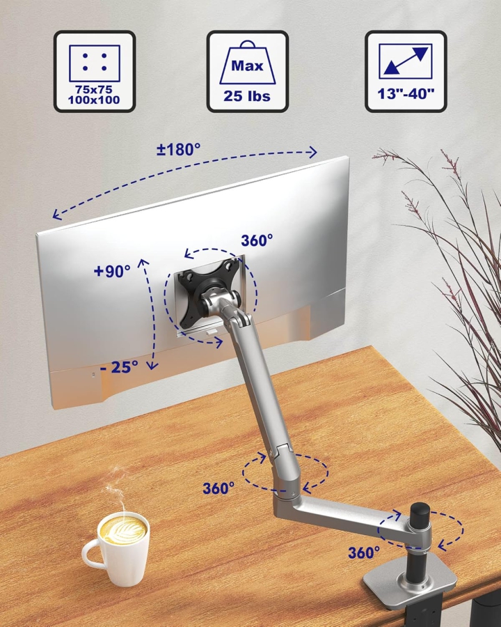 Bras pour moniteur Ergounion RLAX E6 13–40" | 3–11 kg (Support à Bras Unique Premium en Aluminium Brillant)