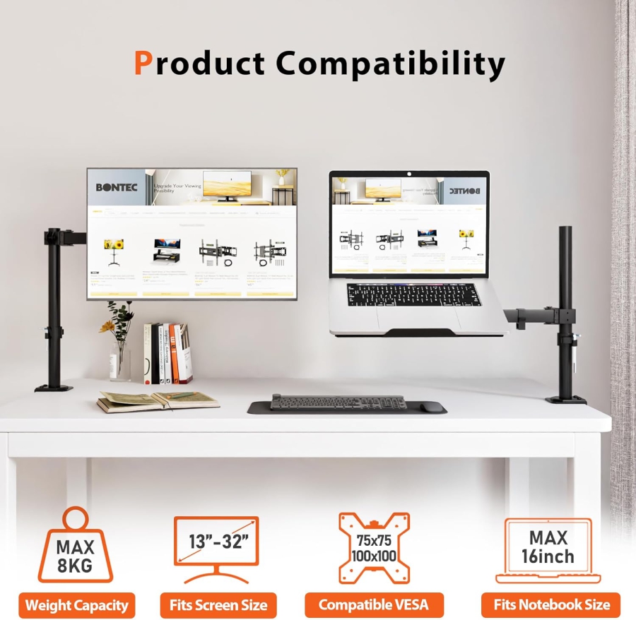 Bras support Redbat avec support ventilé pour ordinateur portable, entièrement réglable pour écrans LCD LED de 13 à 32 pouces et ordinateurs portables jusqu