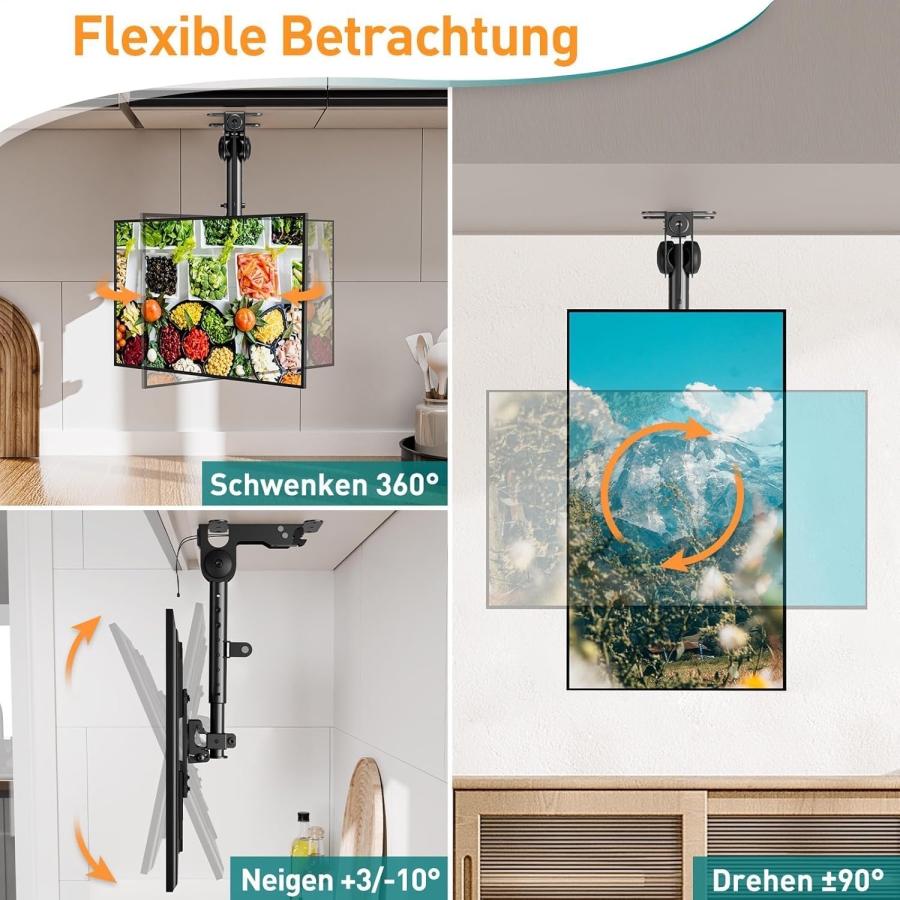 ELIVED Support TV & Moniteur de Plafond Pliable pour 14–42 Pouces (EV3030) (Support sous meuble peu encombrant pour placards, caravanes & plafonds en pente – Réglable en hauteur & Pivotant jusqu