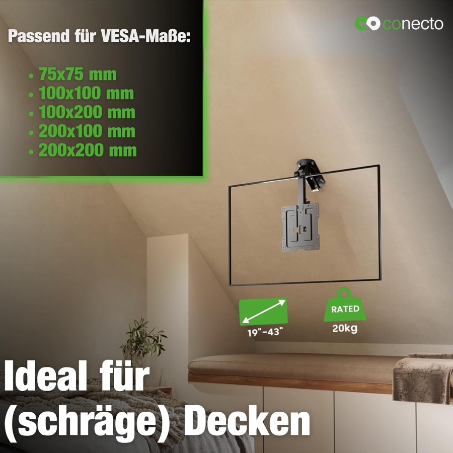 ELIVED Support TV & Moniteur de Plafond Pliable pour 14–42 Pouces (EV3030) (Support sous meuble peu encombrant pour placards, caravanes & plafonds en pente – Réglable en hauteur & Pivotant jusqu