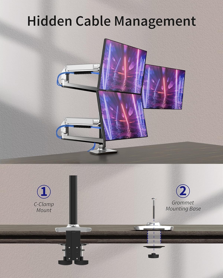Ergounion Support Moniteur 3 Écrans (Aluminium) pour 13–40 Pouces (: Support de Bureau Premium pour Trois Moniteurs jusqu