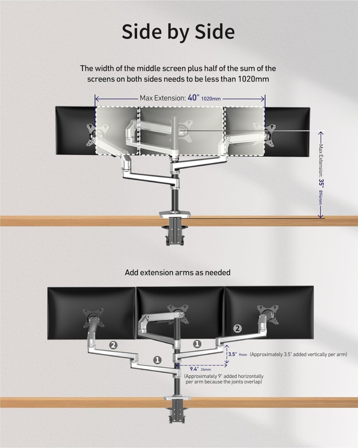 Ergounion Support Moniteur 3 Écrans (Aluminium) pour 13–40 Pouces (: Support de Bureau Premium pour Trois Moniteurs jusqu