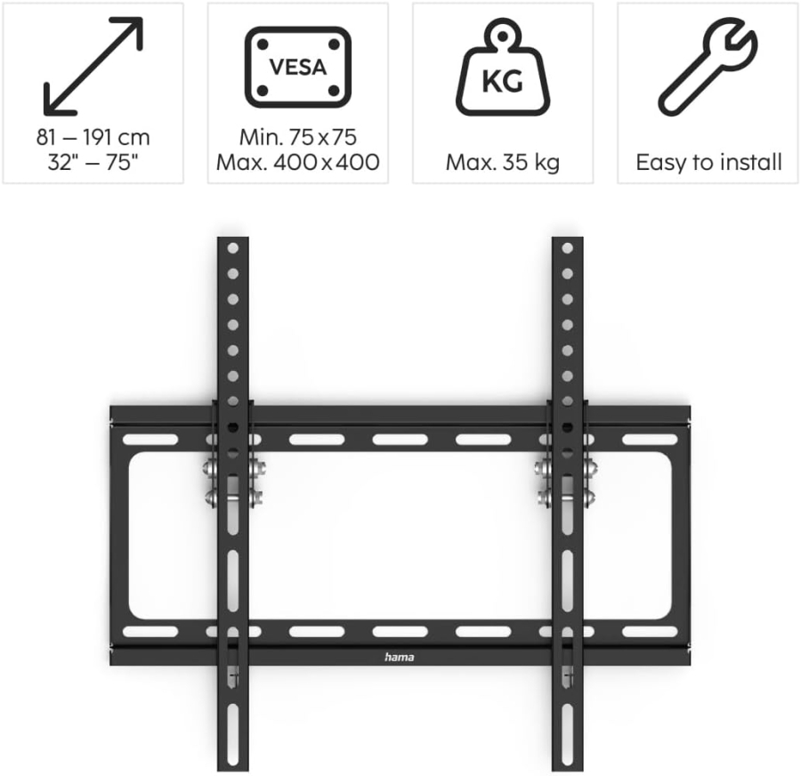 Hama Support Mural TV Inclinable pour TV 32-75 Pouces (VESA 400x400) (Support TV ultra-plat (2,4 cm du mur) – Inclinable en continu 10°, charge jusqu